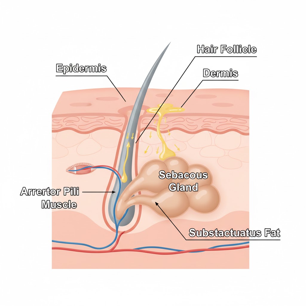 Anatomy of a human pilosebaceous unit showing sebaceous gland and hair follicle
