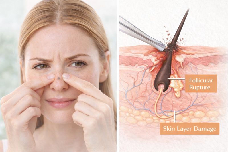 Diagram of skin layer damage and follicular rupture caused by manual pore extraction
