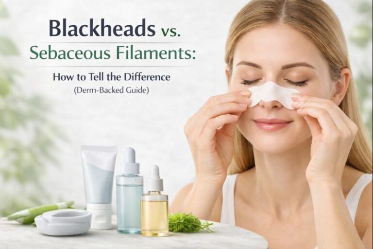 Woman applying a nose pore strip to illustrate blackheads vs sebaceous filaments