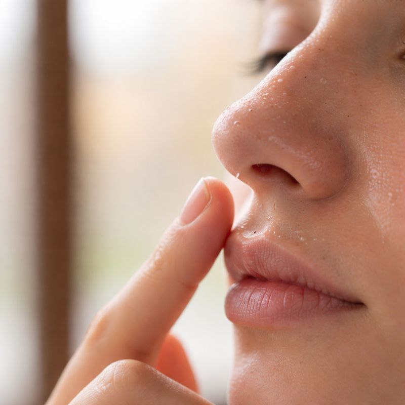 Close-up of massaging a lightweight cleansing oil onto the nose to dissolve blackheads and sebum plugs.