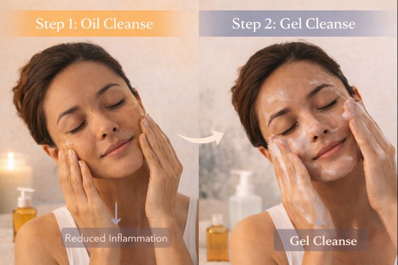 Demonstration of double cleansing for oily skin, showing an oil-based first cleanse followed by a gentle gel cleanser