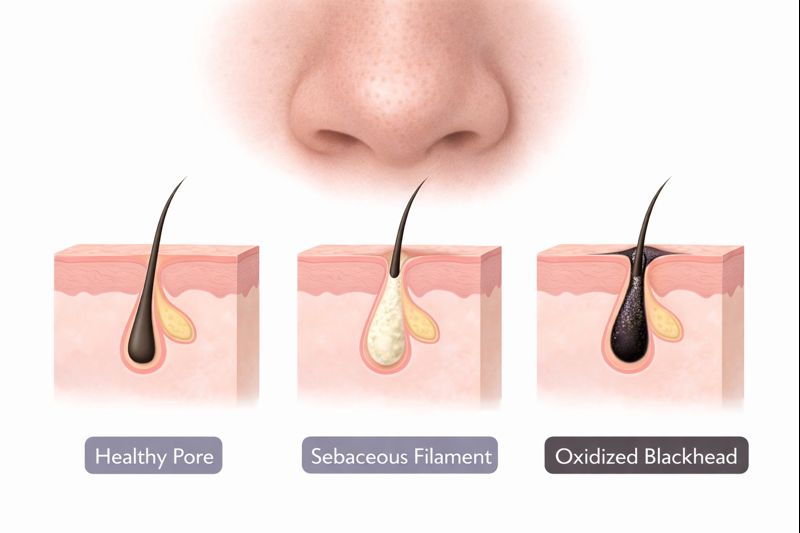 Comparative diagram showing healthy pores, sebaceous filaments, and oxidized blackheads on the nose