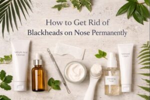 Flat lay of skincare products for blackhead removal on the nose, including salicylic acid cleanser, exfoliating toner, retinoid cream, and gentle treatment tools.