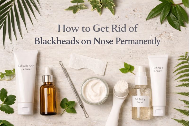 Flat lay of skincare products for blackhead removal on the nose, including salicylic acid cleanser, exfoliating toner, retinoid cream, and gentle treatment tools.