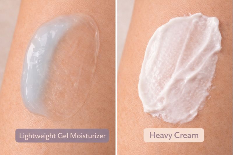 Comparison of lightweight gel moisturizer versus heavy cream texture for oily and acne-prone skin