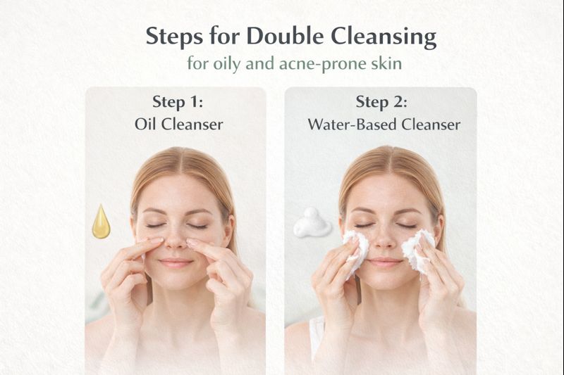 Steps for double cleansing for oily and acne prone skin using oil and water based cleansers