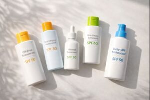 Best non-comedogenic sunscreens for oily and acne-prone skin 2026 - A flatlay of top-rated SPF bottles on a clean white surface with natural sunlight