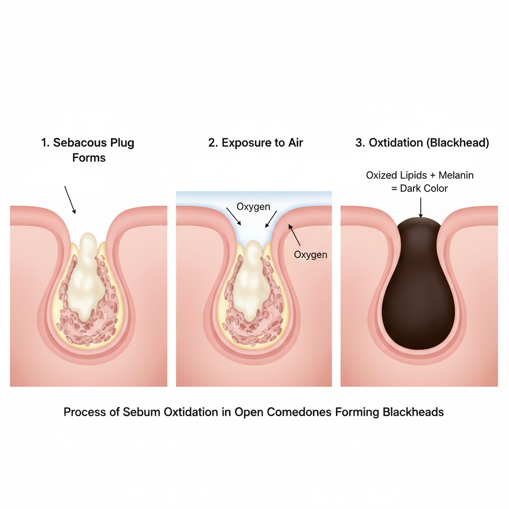 Process of sebum oxidation in open comedones forming blackheads