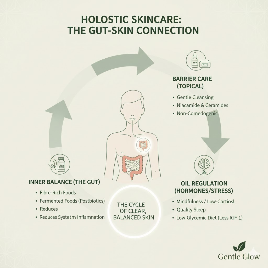Holistic skincare routine connecting gut health, barrier care, and oil regulation