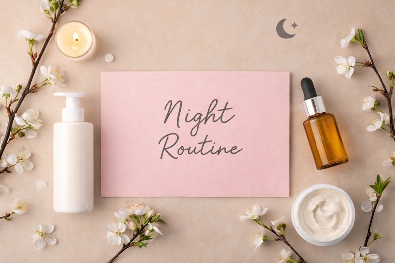 Night routine oily acne-prone skin featuring gentle cleanser, BHA serum, and lightweight moisturizer