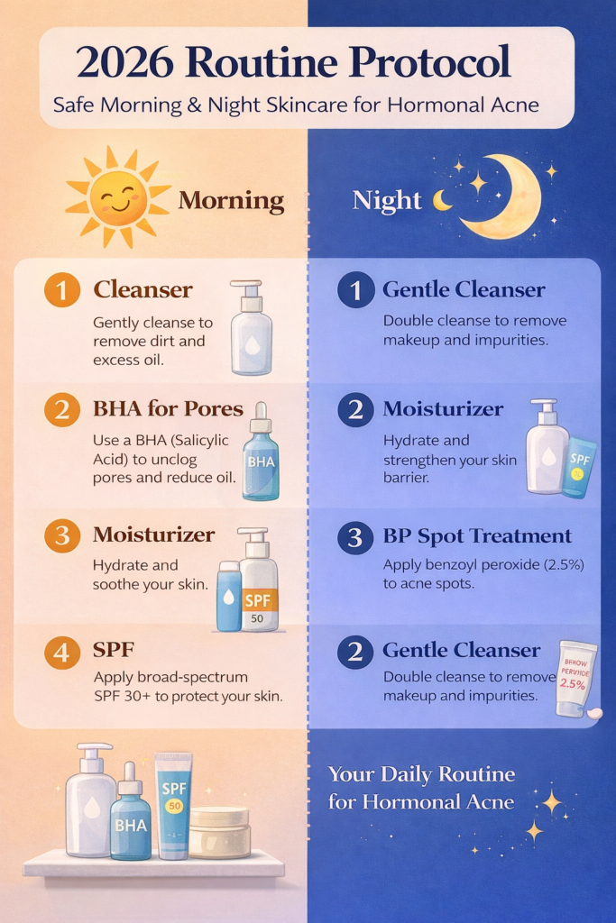 2026 Morning and Evening skincare routine chart for hormonal acne using BHA for oily skin in the AM and Benzoyl Peroxide spot treatment in the PM.