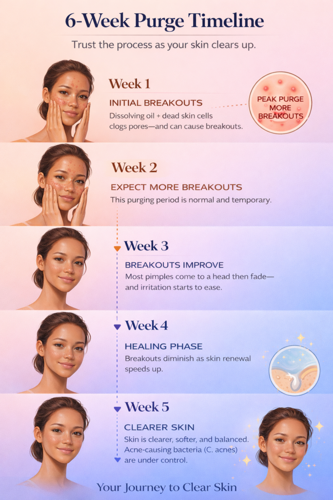 Skincare timeline infographic showing the 6-week stages of the pathogenic bacteria (c. acnes) purging process from initial breakout to clear skin.