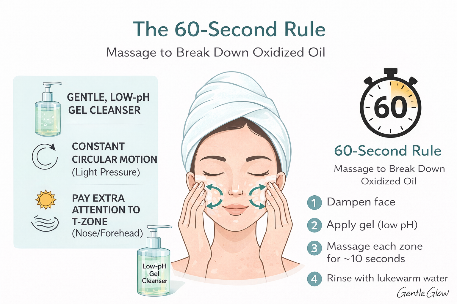 morning routine for oily acne-prone skin 60-second cleansing massage diagram showing how to break down oxidized oil