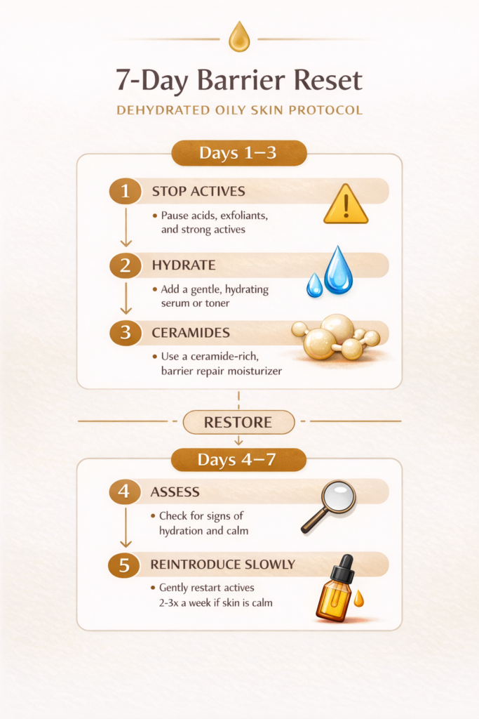 7 day barrier reset protocol for dehydrated oily skin treatment showing active pause, hydration, ceramides, and gradual reintroduction steps