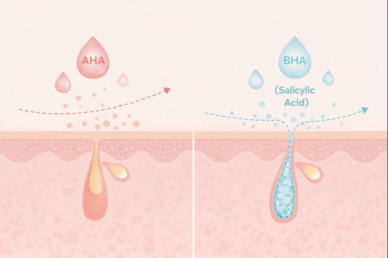 Diagram comparing water-soluble AHA on skin surface vs. oil-soluble BHA (Salicylic Acid) penetrating deep into the oily pore.