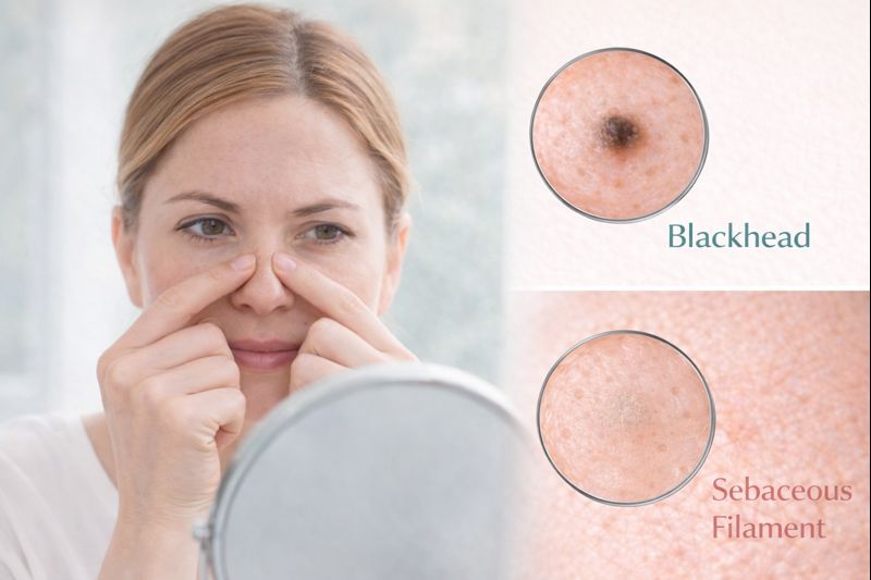 Macro skin view showing dark oxidized blackheads vs. flat sandy-colored sebaceous filaments on the nose.