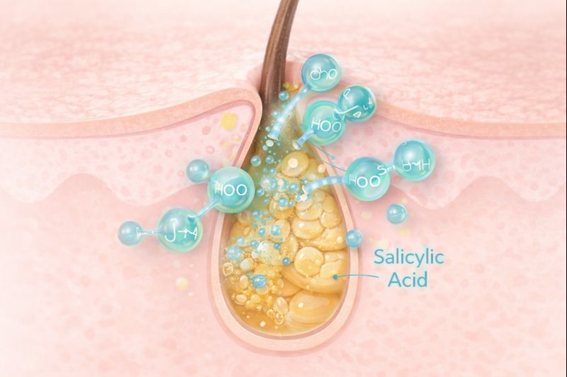 Salicylic acid (BHA) breaking down sebum and dead skin inside a clogged pore