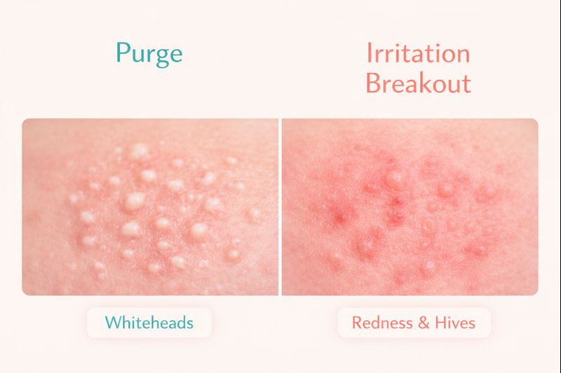 Comparison photo showing the difference between skin purging from BHA and a standard acne breakout or allergic reaction.