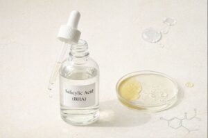 Editorial flat-lay of salicylic acid (BHA) serum in a glass dropper bottle with clear and oil-based textures, illustrating oil-soluble exfoliation for oily and acne-prone skin.