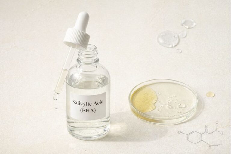 Editorial flat-lay of salicylic acid (BHA) serum in a glass dropper bottle with clear and oil-based textures, illustrating oil-soluble exfoliation for oily and acne-prone skin.