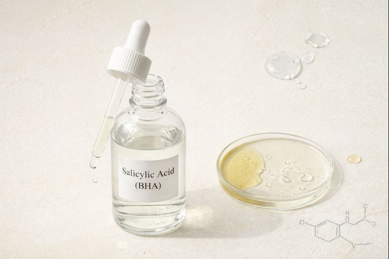 Editorial flat-lay of salicylic acid (BHA) serum in a glass dropper bottle with clear and oil-based textures, illustrating oil-soluble exfoliation for oily and acne-prone skin.