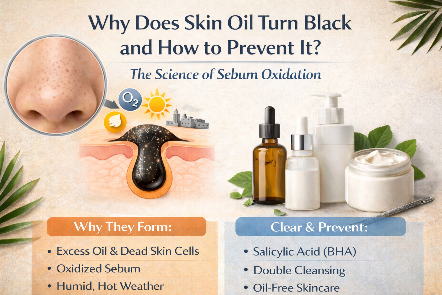 Alt Text: Cross-section of a skin pore showing sebum oxidation, where clear oil turns into a dark blackhead after exposure to oxygen.