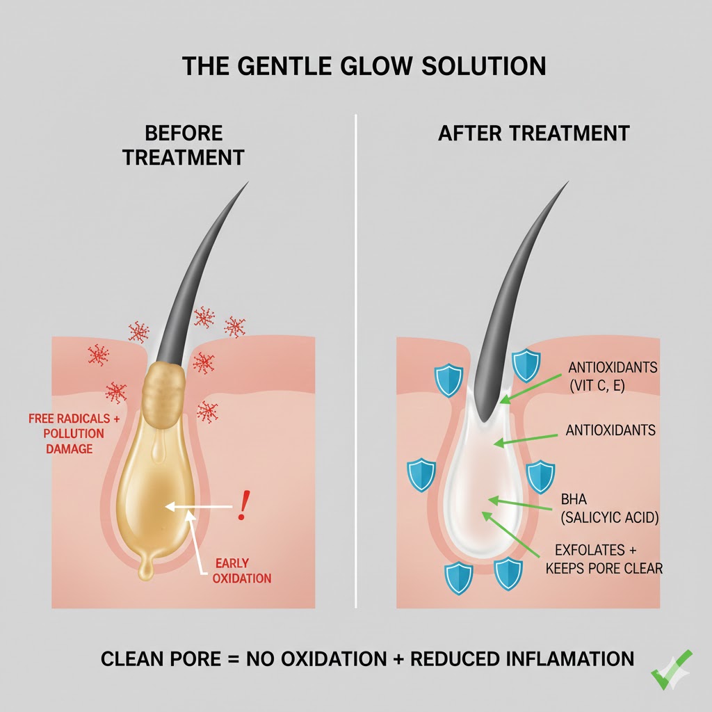 Infographic showing the "Gentle Glow Solution": how BHA (Salicylic Acid) exfoliates the pore while antioxidants like Vitamin C and E prevent sebum from oxidizing into blackheads.