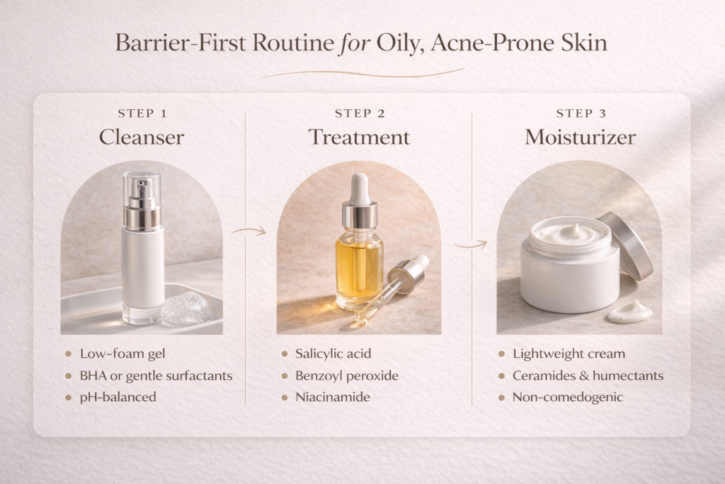 Barrier-first 3-step routine for oily and acne-prone skin showing cleanser, treatment, and moisturizer layout.