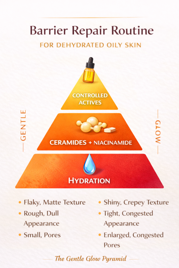 Barrier repair routine pyramid for dehydrated oily skin showing hydration base, ceramides and niacinamide support, and controlled actives at the top.