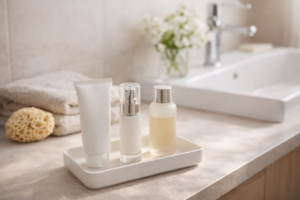 Best cleanser for oily and acne-prone skin displayed on a soft bathroom countertop with neutral tones and natural light, representing barrier-first cleansing in 2026.