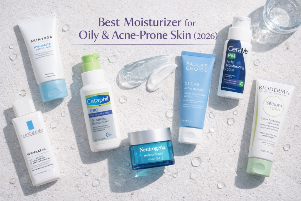 Flat lay of eight dermatologist-recommended moisturizers for oily and acne-prone skin on a light background with water droplets