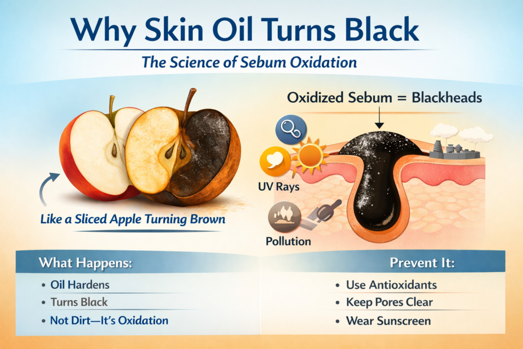 The apple metaphor for blackheads: showing how oxygen turns organic matter brown, similar to how skin oil turns into blackheads.
