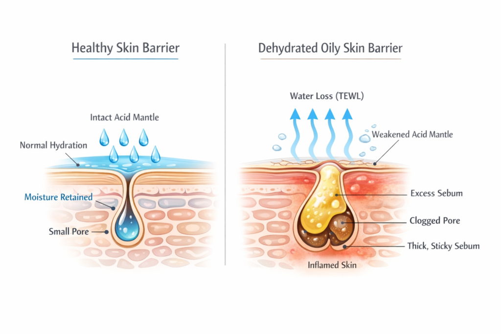 Dehydrated oily skin barrier damage diagram showing increased transepidal water loss (TEWL), thick sebum buildup, and enlarged clogged pores compared to healthy skin barrier.