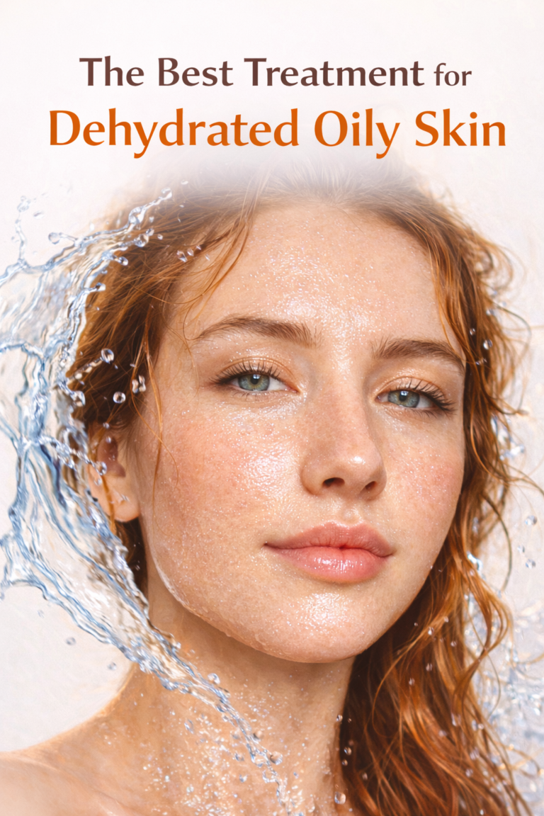 Close-up of shiny, tight dehydrated oily skin showing enlarged pores and surface moisture imbalance.