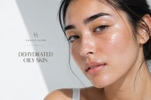 Close-up model with dehydrated oily skin showing surface shine and natural skin texture in a Gentle Glow editorial skincare image