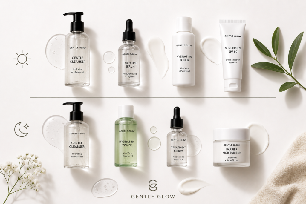 Minimal flat lay skincare routine for dehydrated oily skin featuring cleanser, hydrating serum, toner, barrier moisturizer, sunscreen, and treatment serum