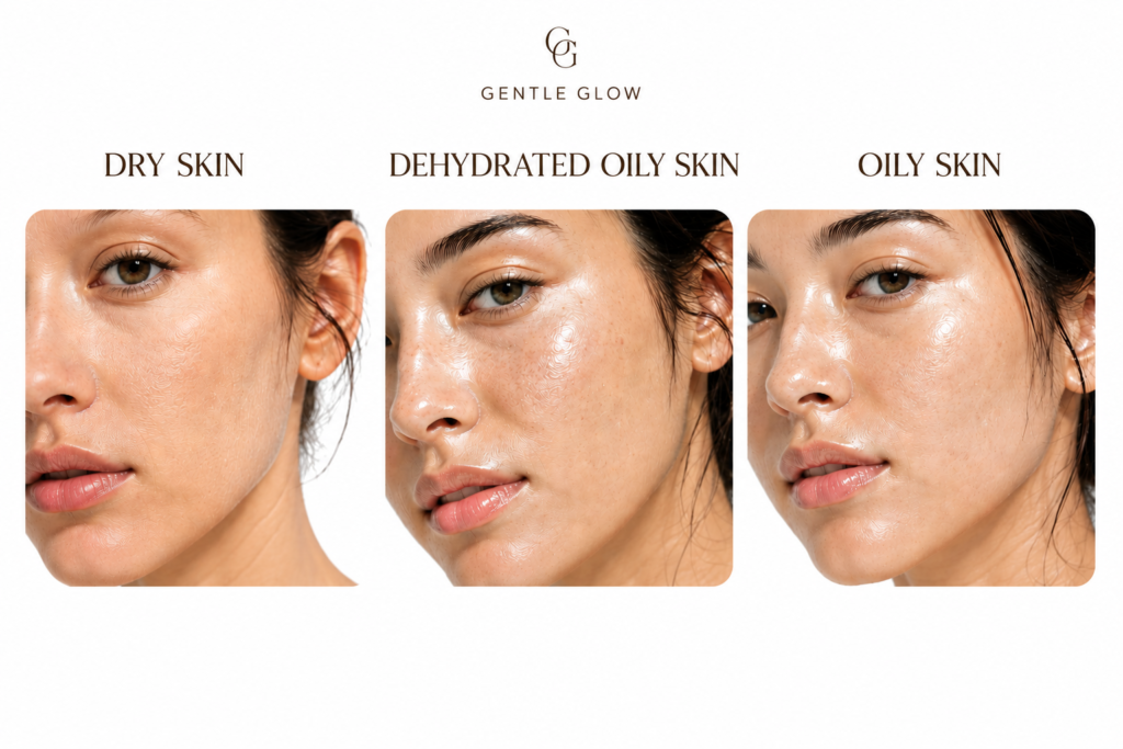 Comparison image showing dry skin, dehydrated oily skin, and oily skin with visible differences in texture, shine, and hydration levels