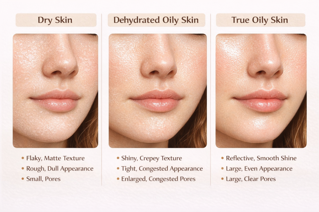 Comparison of dry skin, dehydrated oily skin, and true oily skin showing differences in texture, shine, pore size, and congestion.