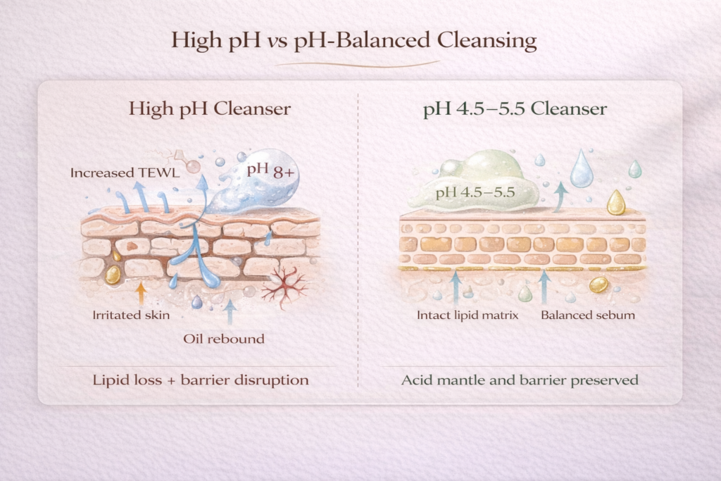 Infographic comparing high pH cleanser vs pH-balanced cleanser (4.5–5.5) showing impact on skin barrier, TEWL, and oil rebound in oily and acne-prone skin.