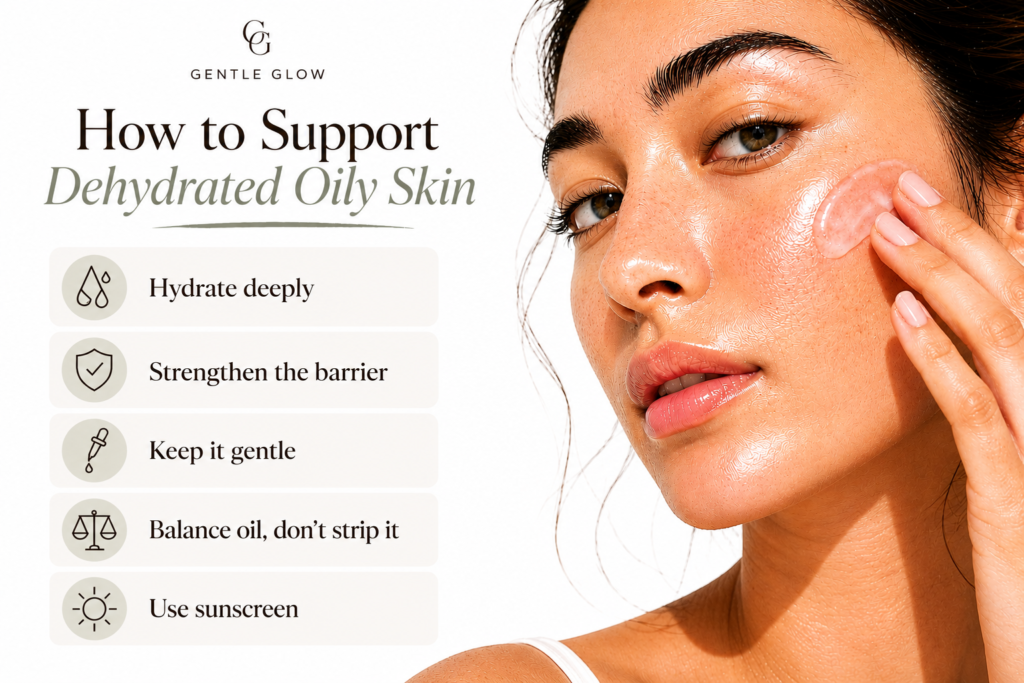Editorial skincare infographic showing how to support dehydrated oily skin with hydration, barrier repair, gentle skincare, balanced oil control, and sunscreen