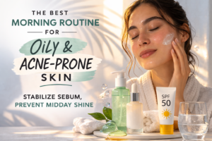 morning routine for oily acne-prone skin featuring cleanser, niacinamide serum, lightweight moisturizer, and non-comedogenic sunscreen