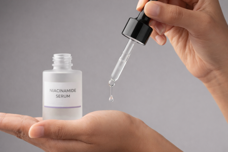 niacinamide serum dropper for oily skin with clear liquid applied to hand