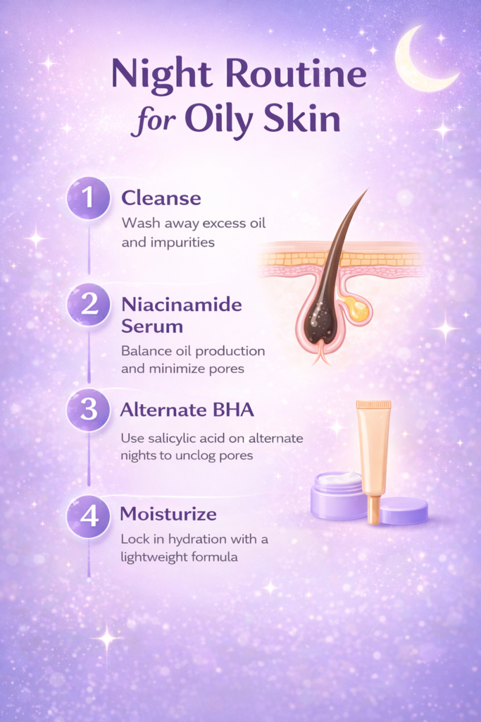 night skin care routine for oily skin with niacinamide and BHA steps infographic