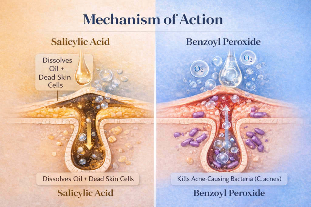 Cross-section diagram of a skin pore showing Salicylic Acid dissolving a sebum plug (comedolytic properties) vs Benzoyl Peroxide releasing oxygen to kill pathogenic bacteria (c. acnes)