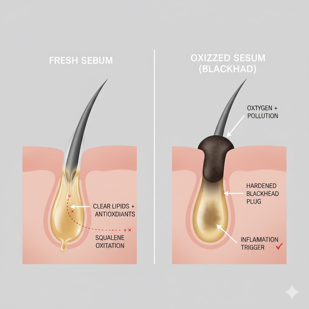 Cross-section of a skin pore illustrating sebum oxidation: clear oil turning into a dark blackhead plug upon contact with oxygen.