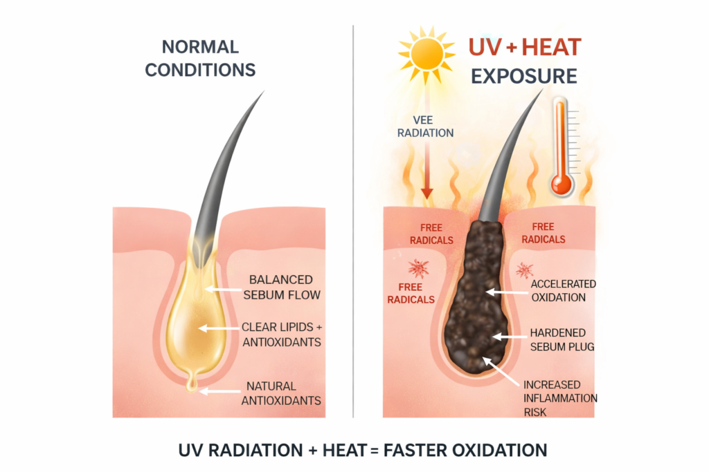 Alt Text: Diagram showing how UV radiation and high temperatures accelerate the process of sebum oxidation in oily skin.