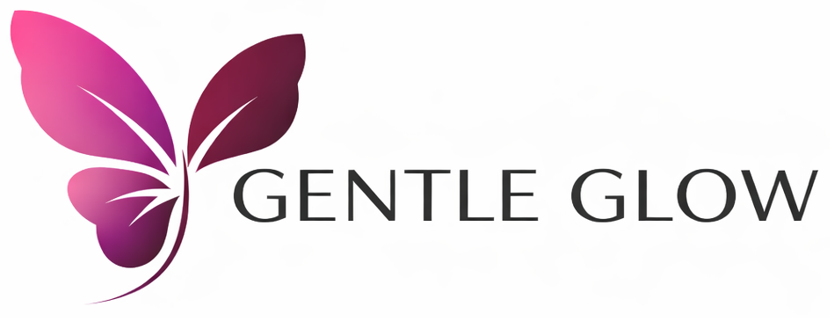 Gentle Glow skincare logo with butterfly symbol in mauve and burgundy gradient