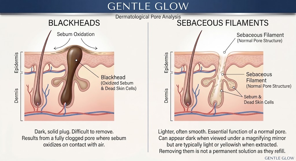 Blackheads vs sebaceous filaments diagram showing oxidized sebum in clogged pores vs normal sebum flow