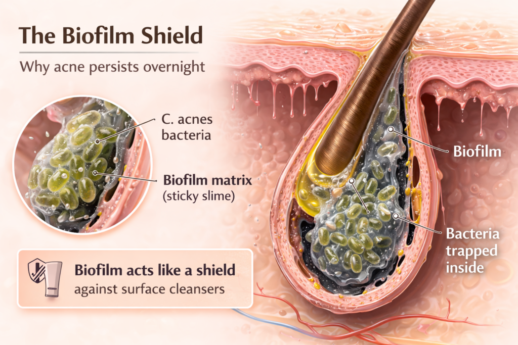 cross section of a skin pore showing c acnes bacteria protected by a sticky biofilm layer inside the follicle.