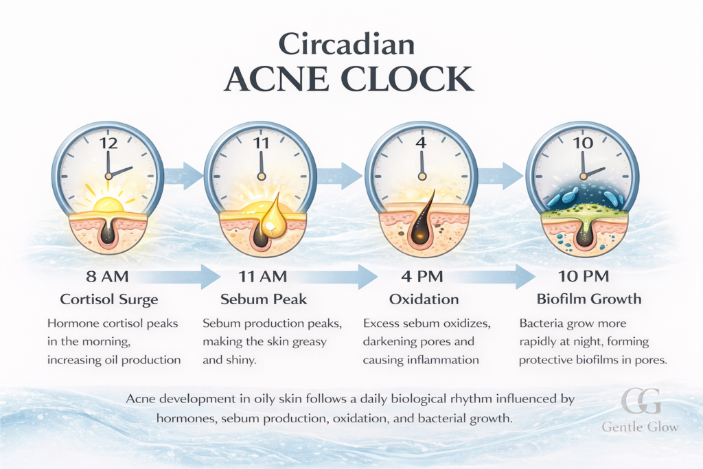 infographic showing the 24 hour circadian rhythm of acne on oily skin including sebum peaks oxidation and nighttime bacterial growth